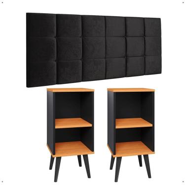 Imagem de Kit 2 Mesinhas Lateral Charme Nicho Preto/Cinamomo Cabeceira Suspensa Bia 1,60 Cama Queen Decoração Quarto Casal Suede - Lojas RPM