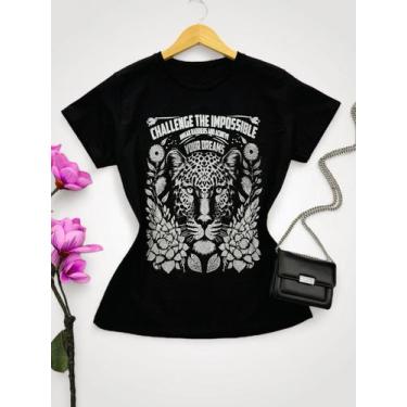 Imagem de Blusa Feminina Preta Com Estampa de Onça Camiseta Feminina Moda Blogue