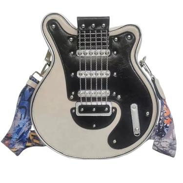 Imagem de Bolsa tiracolo masculina e feminina em formato de guitarra de couro PU exclusiva novidade bolsa de guitarra, Bege