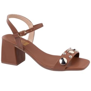 Imagem de Sandália Feminina Via Angel, Salto Bloco Médio, Couro Sintetico com Enfeites Metálicos, 8601 (Caramelo, BR, Adulto, Numérico, 40)