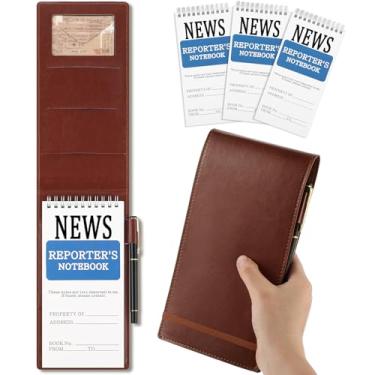 Imagem de Resurhang 3 cadernos de repórteres com capa de couro PU, caneta, jornalistas, cadernos, blocos de notas forrados em espiral, presentes para jornalistas de formatura de Natal (marrom, 10 x 20 cm)
