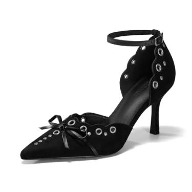 Imagem de Coutgo Sapato social feminino de salto alto, bico fino, bico fino, tira no tornozelo, cravejado de camurça, Preto, 37