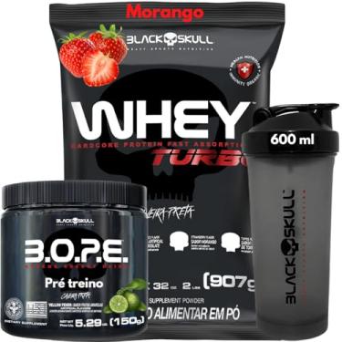 Imagem de WheyProtein 907g + Pré-Treino 150g + Coqueteleira - Kit Black Skull Whey Protein Concentrado Trubo + Bope Pré-Treino 150g + Coqueteleira 600ml Caveira Preta (Whey Morango - Bope Limão)