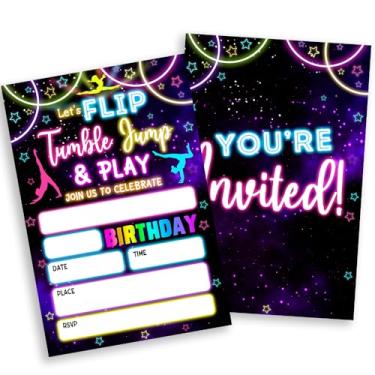 Imagem de Sahjzk Convites de festa de ginástica, 20 convites de aniversário de festa com tema neon de preenchimento dupla face com envelopes para crianças, meninos, meninas, cartões de convite de festa (10 × 15