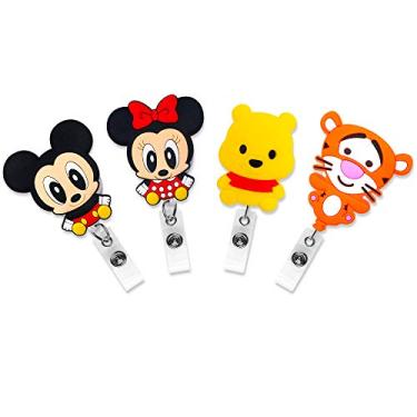 Imagem de Conjunto de 4 peças Mickey Minnie Bear Tiger Badge Badge Reel Suporte retrátil Escritório Trabalho Enfermeira Nome Badge Tag Clip On Card Holders Bonito - Extensão de cabo de 76 cm