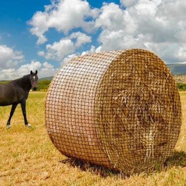 Imagem de MIYABALA Rede de feno para fardos redondos para cavalos, rede de feno sem nós sem nós para gado, rede de feno grande resistente para cavalos, cabras, ovelhas, gado em fazendas e pastagens