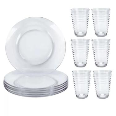 Imagem de Conjunto de Pratos e Copos de Vidro, 6 Pratos 22 cm e 6 Copos 200ml, Transparente