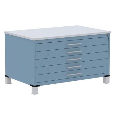 Imagem de Mapoteca 5 Gavetas Pandin 120cm (larg) Inmetro Tampo Mdp Cinza Estrutura E Gavetas Em Aço Azul Dali