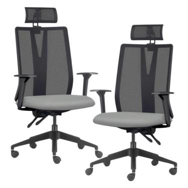 Imagem de Kit 2 Cadeiras Escritório Giratória Presidente Flow F02 Base Preta Sintético Cinza - Lyam Decor