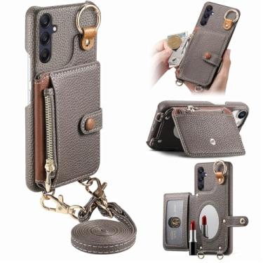 Imagem de Capa cruzada durável e removível para Samsung Galaxy A05S, porta-moedas com fecho de correr, suporte para anéis, espelho integrado, ranhura para cartões, suporte multiângulo em elegante capa de couro