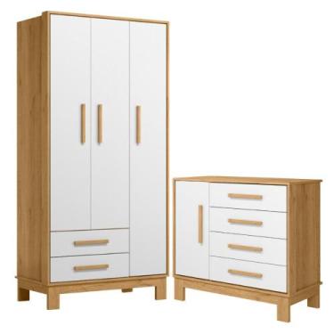 Imagem de Roupeiro com 3 Portas e Cômoda Malta Freijó Branco Acetinado - CasaH