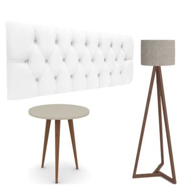 Imagem de Conjunto Cabeceira Estofada Capitonê 160cm Queen Corino Branco e Mesa Lateral Patrimar Legs Alta Off White com Luminária Tebarrot Classic Amêndoa