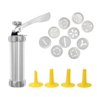 Imagem de Máquina para Biscoitos em Alumínio, 10 Moldes Decorativos, 4 Bicos de Confeitaria, Manual