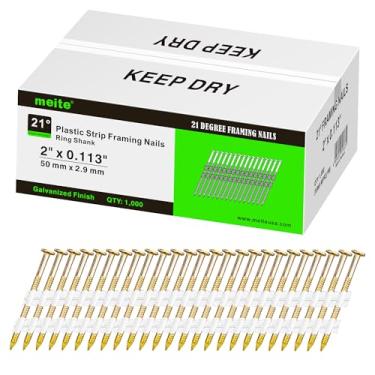 Imagem de meite Pregos de moldura de 5 cm, haste de anel de 21 graus, pregos galvanizados de cabeça redonda (1.000 unidades) para pistolas de pregos de estrutura de construção