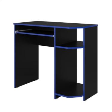 Imagem de Mesa Gamer para Computador com Porta-Teclado e Prateleiras Office Jogos (PRETO/AZUL)