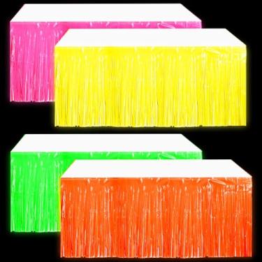 Imagem de VitalCozy 4 peças de saias de mesa neon para festas metálicas com franja de alumínio para mesas retangulares 73 x 272 cm neon cortina de guirlanda de festa para decoração de Natal, casamento