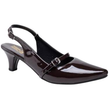 Imagem de Sapato Slingback Feminino, Scarpin Salto Fino, Bico Fino, Social, Confortável Via Angel 9501. (Verniz Machiato, BR, Adulto, Numérico, 36)