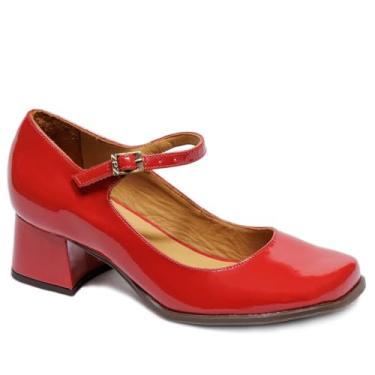 Imagem de Sapato Feminino Retrô Estilo Boneca Doll em Verniz, Salto Médio, Bico Quadrado Largo, Vintage, Clássico (Vermelho, BR, Adulto, Numérico, 33)