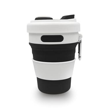 Imagem de iEWENi Copo de viagem dobrável de 500 ml com tampa e gancho de metal reutilizável de silicone para bebida quente/fria, portátil, acampamento, caminhada, micro-ondas e lava-louças (preto)