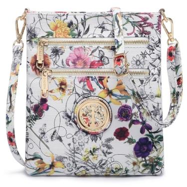 Imagem de Dasein Bolsa pequena transversal com vários bolsos com zíper, bolsa carteiro, bolsa de ombro leve, bolsa funcional, 17051s-white Flower, Medium