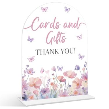 Imagem de Placa de cartões e presentes - Placa de chá de bebê de borboleta, 1 pacote de placa de acrílico com suporte, decoração de mesa de festa reveladora de gênero, suprimentos de chá de bebê borboleta roxa