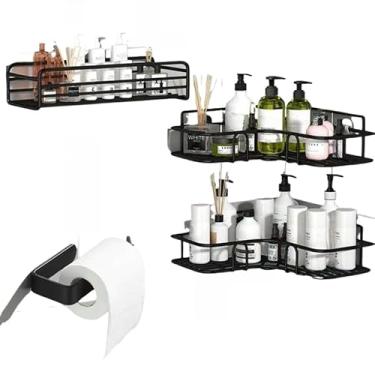 Imagem de Kit 2 Prateleiras Suporte Com Alto Adesivos Para Parede Banheiro Cozinha Lavanderia Shampoo Sabonete(3 Prateleiras + Gancho Papel)