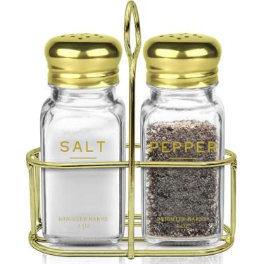 Imagem de Conjunto de saleiro e pimenteiro dourado com suporte da Brighter Barns - Decoração e acessórios de cozinha de luxo - Agitadores de vidro modernos com suporte e tampas de aço inoxidável para casa