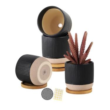 Imagem de AOMRYOM Vasos pequenos de cerâmica de 10 cm com orifício de drenagem e pires, plantador de flores moderno para suculentas, plantas de interior, cactos, ervas, preto, conjunto de 4 (planta não incluída