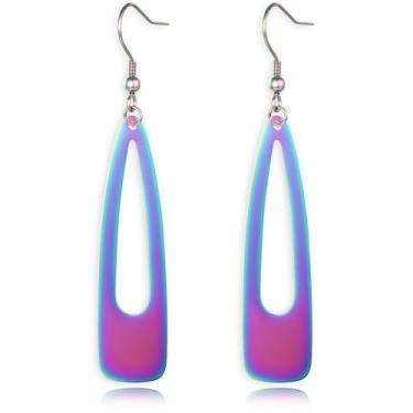 Imagem de REELMAR Brincos elegantes com pingente de gota para mulheres modernos - gotas geométricas de gota d'água de 7,5 cm, joias delicadas de aço inoxidável polido leve, Long, Aço inoxidável, Sem pedra