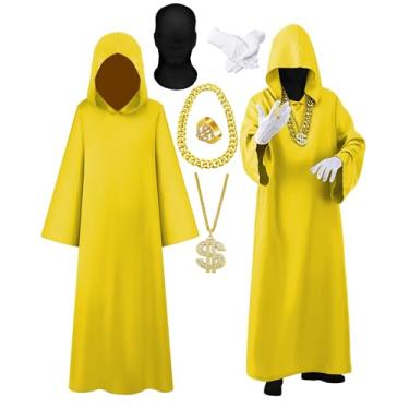 Imagem de Croloose 6 peças fantasia de bruxo de rosto inteiro de Halloween hip hop acessórios de fantasia de rapper roupão máscara luva corrente roupa para cosplay (amarelo)