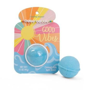 Imagem de CAIT + CO Good Vibes Bath Bomb & Friendship Bracelet Conjunto de presente com perfume de leite de coco azul (100 ml) com pulseira de contas Good VIBES - presente relaxante e positivo para amigos