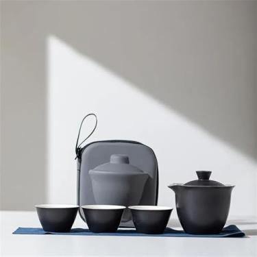 Imagem de Conjunto de chá chinês portátil - Bule de cerâmica para viagem com 4 peças, 3 xícaras e bolsa de transporte | Kit compacto de chá Gongfu para camping/escritório, preto