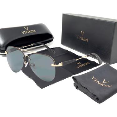 Imagem de Vinkin Óculos de Sol Aviador, Polarizado UV400, Armação Metálica, 14,8 cm x 5,3 cm, Com Estojo (Dourado)