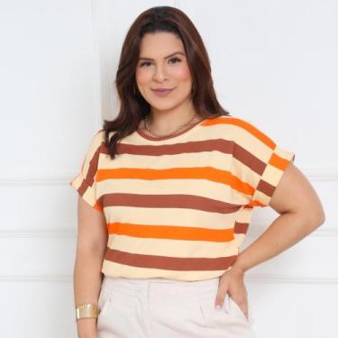 Imagem de Blusa Plus Size Listrada Feminina T-Shirt Manga Curta Dobrada Casual -