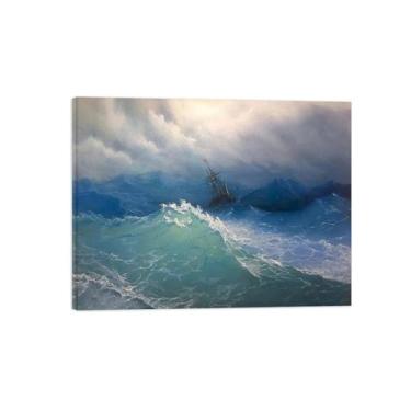 Imagem de Ivan Aivazovsky Impressão de arte de parede em tela - Imagem de arte em tela com moldura de madeira - Pôster de reprodução de pintura famosa para decoração de casa - Onda azul 2/60x80 cm 24x31