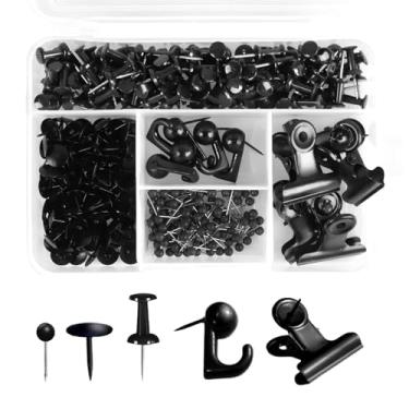 Imagem de Conjunto de 310 pinos de pressão, 5 estilos de grampos de polegar planos grampos decorativos para quadro de cortiça, quadro de avisos, acessórios de parede de escritório (preto)