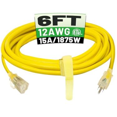 Imagem de POWGRN Cabo de extensão externo de 1,8 m, 12/3, impermeável, resistente, com extremidade indicadora iluminada, calibre 12, 3 pinos, cabo de alimentação longo flexível resistente ao frio, externo