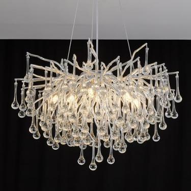 Imagem de Upfelw Lustre de gota de chuva de cristal moderno, luminária de ramo de árvore Art Deco redondo prateado para sala de jantar, sala de estar, hall de entrada, 8 luzes D23,7 pol