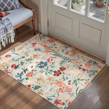 Imagem de PureCozy Tapete de área bege 2x3 boho tapete de entrada floral interno lavável tapete de cozinha antiderrapante tapete de quarto de inverno tapete leve tapete de porta baixo para sala de estar,