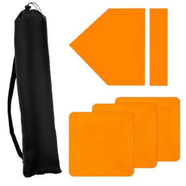 Imagem de Conjunto de base de beisebol de 5 peças com bolsa de transporte preta, bases para kickball - Inclui 3 quadrados, 1 retângulo, 1 bases pentágono (laranja, PVC)