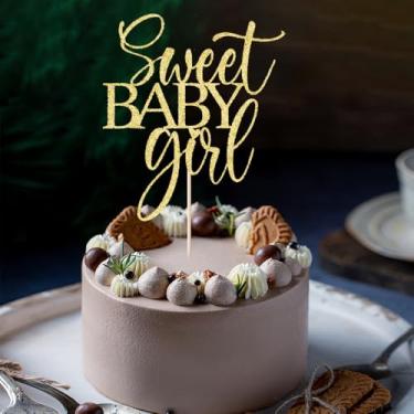 Imagem de AROKIPPRY Toppers de bolo Sweet Baby Girl - Chá de bebê, chá de bebê, decoração de festa de feliz aniversário para meninas recém-nascidas (dourado)