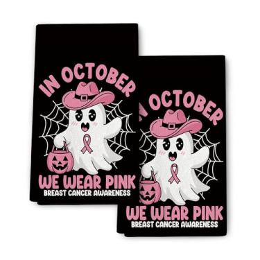 Imagem de Conjunto de 2 panos de prato de cozinha rosa para decoração de Dia das Bruxas, toalhas de mão assustadoras de fantasma rosa, presentes para meninas e mulheres, pano de secagem engraçado de Halloween