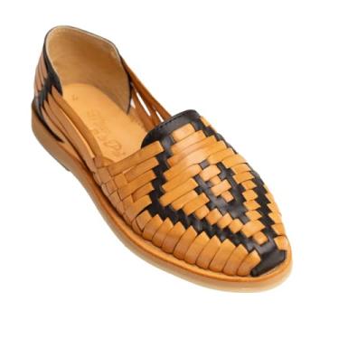 Imagem de Mexico en la Piel Sandália feminina Huarache – couro legítimo, sapatilha sem cadarço feita à mão com design entrelaçado em dois tons, leve, confortável, Preto e bege, 35