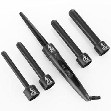 Imagem de Conjunto de modelador de cachos de turmalina de cerâmica 5 em 1 – barris intercambiáveis de 0,9 a 3,2 cm, temperatura ajustável, 82 °C-232 °C, luvas isoladas de aquecimento rápido e cabo giratório