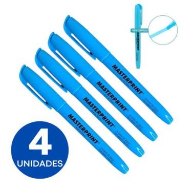 Imagem de Kit 4 Marca Texto Azul Neon Masterprint Secagem Rápida Ponta Chanfrada