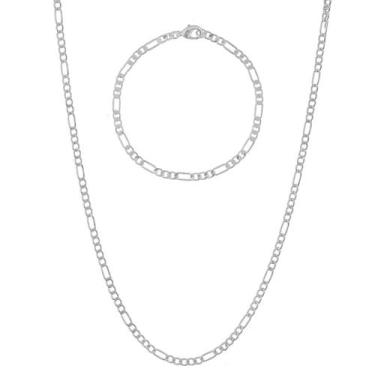 Imagem de Kit Cordão Pulseira Banhado Prata 925 Masculina 70cm 3x1 4mm - Papillo