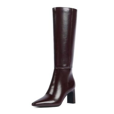 Imagem de QIY Botas de cano alto femininas de couro sintético, salto alto, bico quadrado, bico fino, zíper lateral, botas longas e altas para mulheres, Chocolate, 40