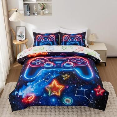 Imagem de Meeting Story Jogo de cama solteiro para jogos, design de controle de jogo 3D, edredom para meninos (azul roxo)