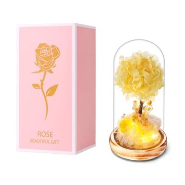 Imagem de Luz de cúpula de vidro LED com hortênsia 3D amarela, arranjo floral de champanhe e rosas brancas, base de madeira, centro de mesa para decoração de casa, para dia dos namorados, dia das mães