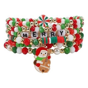 Imagem de Pulseiras de Natal para mulheres Heishi Surfer Polymer Clay Stretch Joy & Merry Candy-Style Stacks para mulheres e adolescentes - Presentes de Natal perfeitos, One Size, Miçangas, Sem Pedra Preciosa